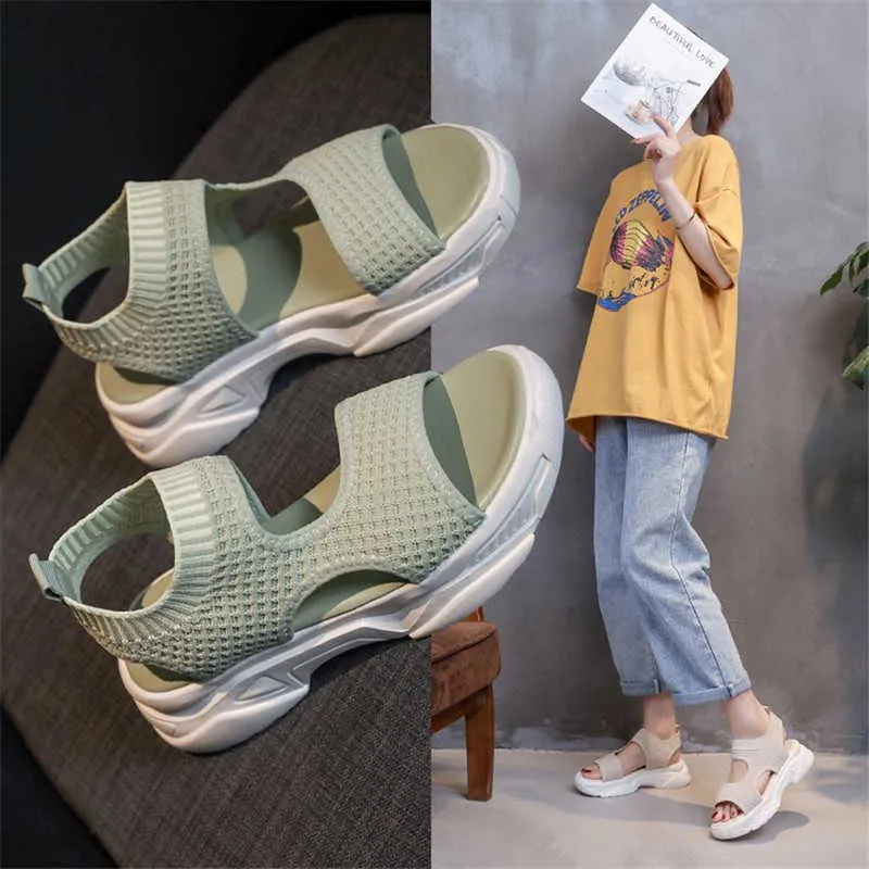 New Summer Women's Chunky Sandals Mesh Thick Bottom White Shoes 5cm Wedges Platform Trend Women Sandals Lovely Girl Beach Shoes Y0721