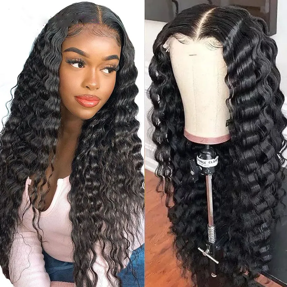 5x5 Transparente Fecho de Laço Peruca Brasileira Remy Deep Wave Wigs Human Wigs