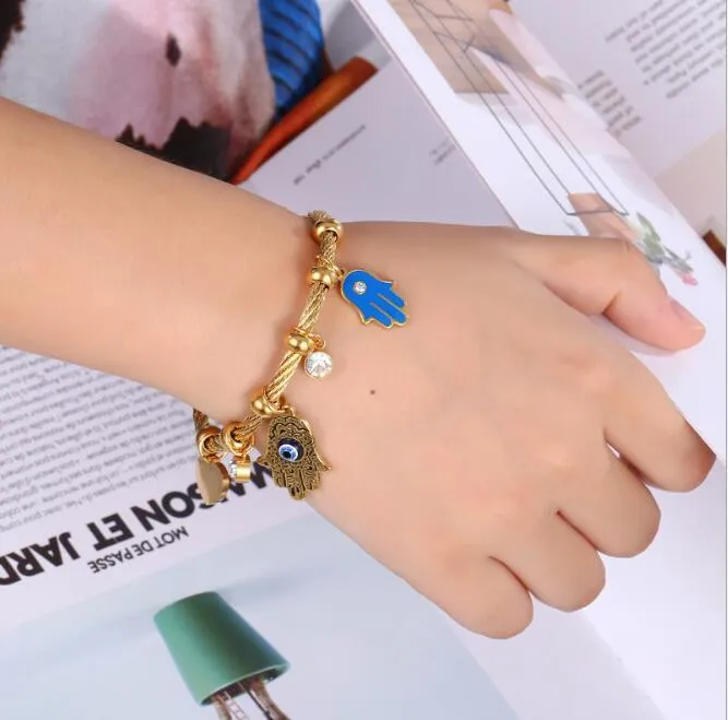 WT-REB001 mode femmes islamique turc bleu acier inoxydable oeil Fatima main mal Bracelet