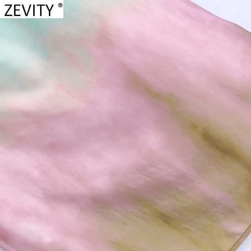 Zevity女性のセクシーなプリーツディープVネックカラーネクタイ染めプリントインナースタイルスリングドレス女性シックフロントスプリットサマーvestido DS8145 210603