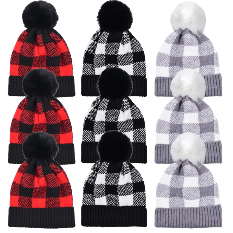 Christmas Santa Claus Plaid Hats Woolen Knitted Grid Hat With Removable Plush Ball Xmas Party Costume Clothing Decoration Caps BH4975 TYJ