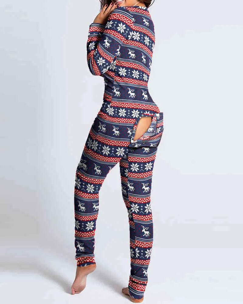 Nouvel An Noël Fonctionnel Boutonné Rabat Imprimé Adultes Pyjamas Costume Femmes Manches Amovible Combinaisons 210415