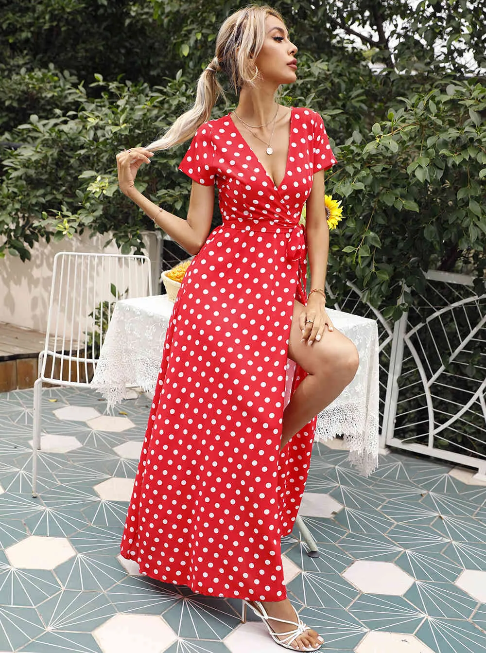 Summer Women Boho Dress Sexy scollo a V manica corta Beach Sundress Casual White Dot Print Split Dress Women Party Abiti lunghi 210521