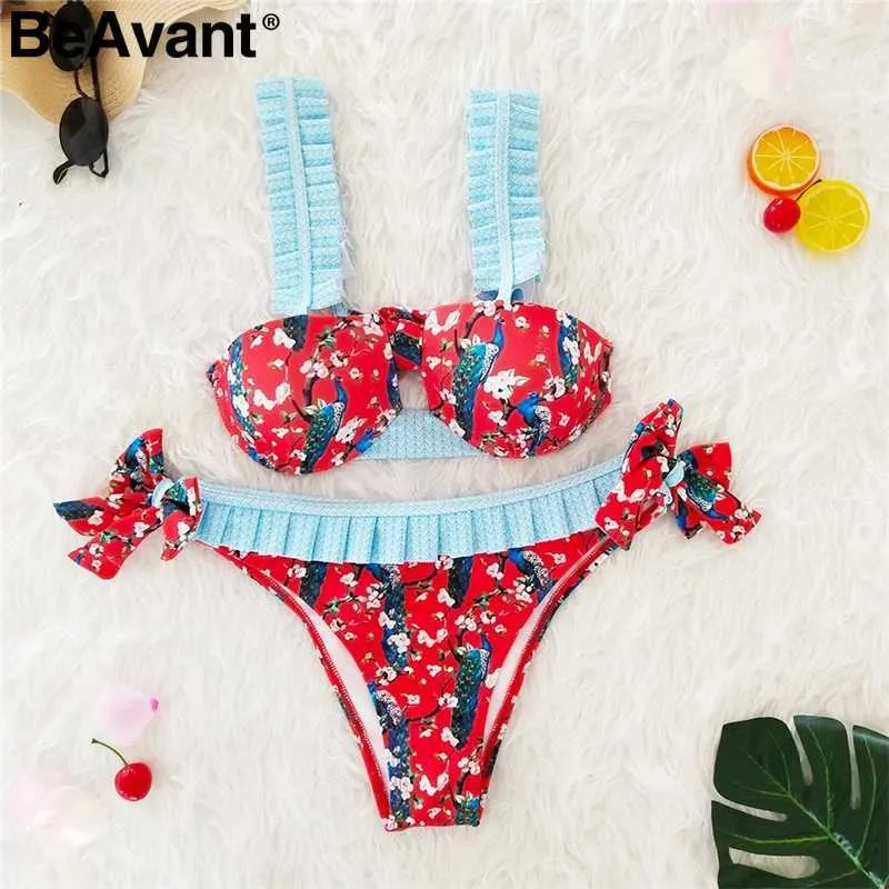 BeAvant Floral print summer beachwear set Women ruffle strap sexy swimsuit Swimwear holiday beach bathing suit swimsuits 210621
