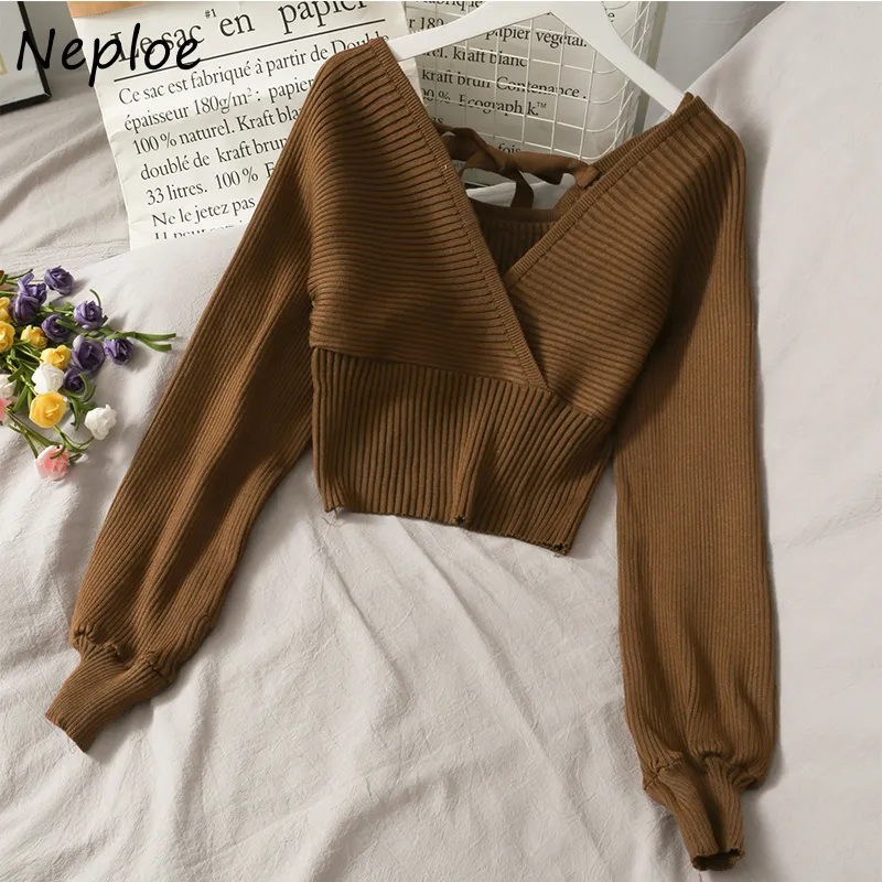 Neploe scollo a V Cross Bow Design Sexy Open Back Maglione Pullover Manica lunga Slim Fit Knit Pull Femme Spring Outwear Solid Sueter 210423