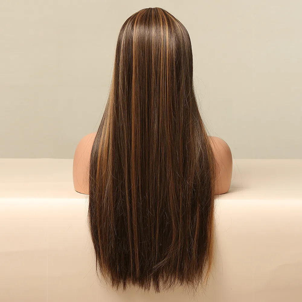 Brown mixta rubia larga longitud recta parte media de luz ondulada peluca sintética encaje peluca fibra resistente al calor directo directo
