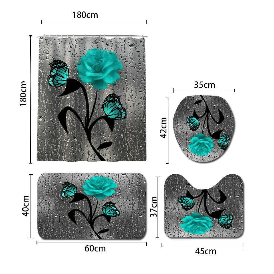 Set tappeto da bagno in flanella Set tappetino da bagno e set tenda da doccia Tappetini da bagno WC Tappetino da doccia antiscivolo Tappetino floreale bagno 210622