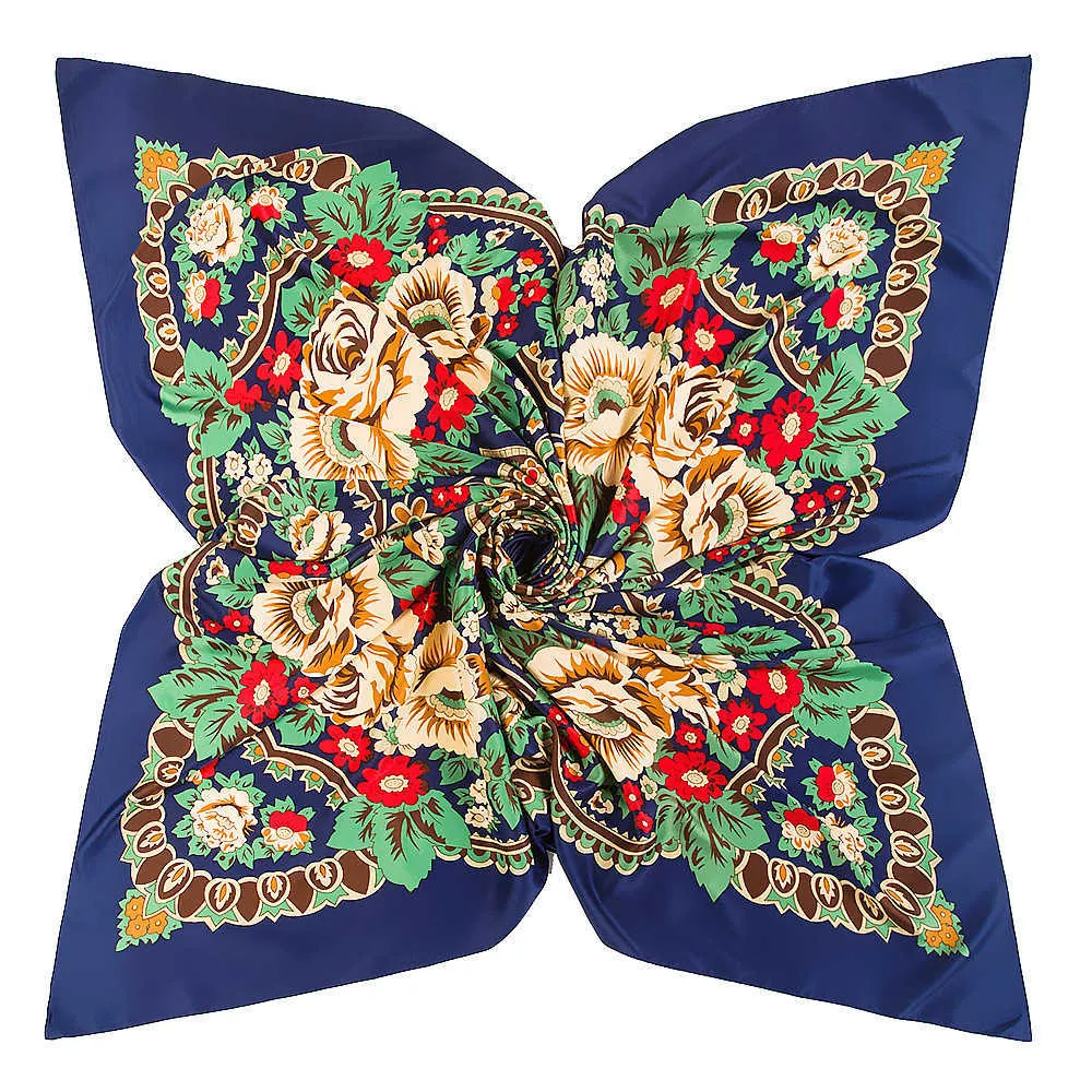 Foulard en soie sergé de style national Bohème Fleur Dames Foulard carré Foulard russe Châles musulman hijab foulard femme Q0828