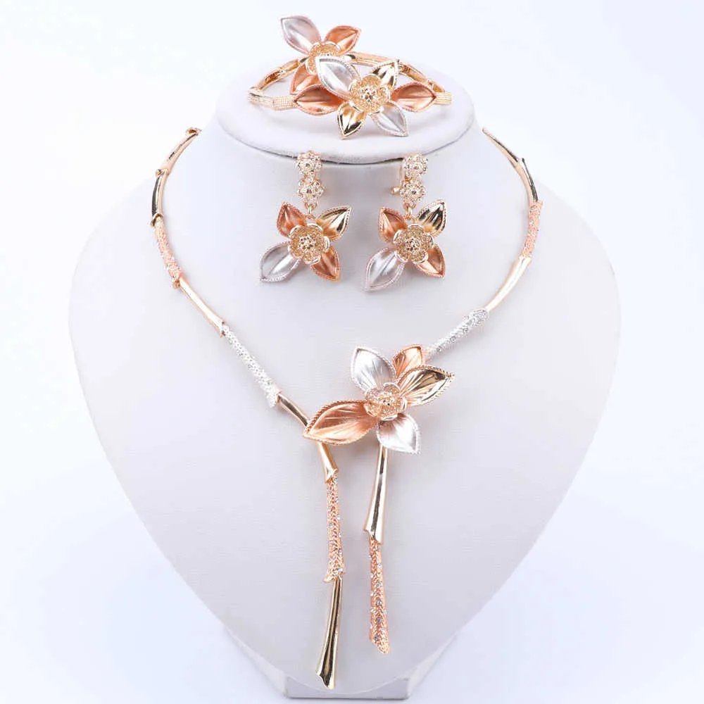 Nupcial Dubai oro flor en forma de joyería conjuntos cristal collar pendientes conjunto nigeriano boda fiesta mujer moda joyería conjunto H1022