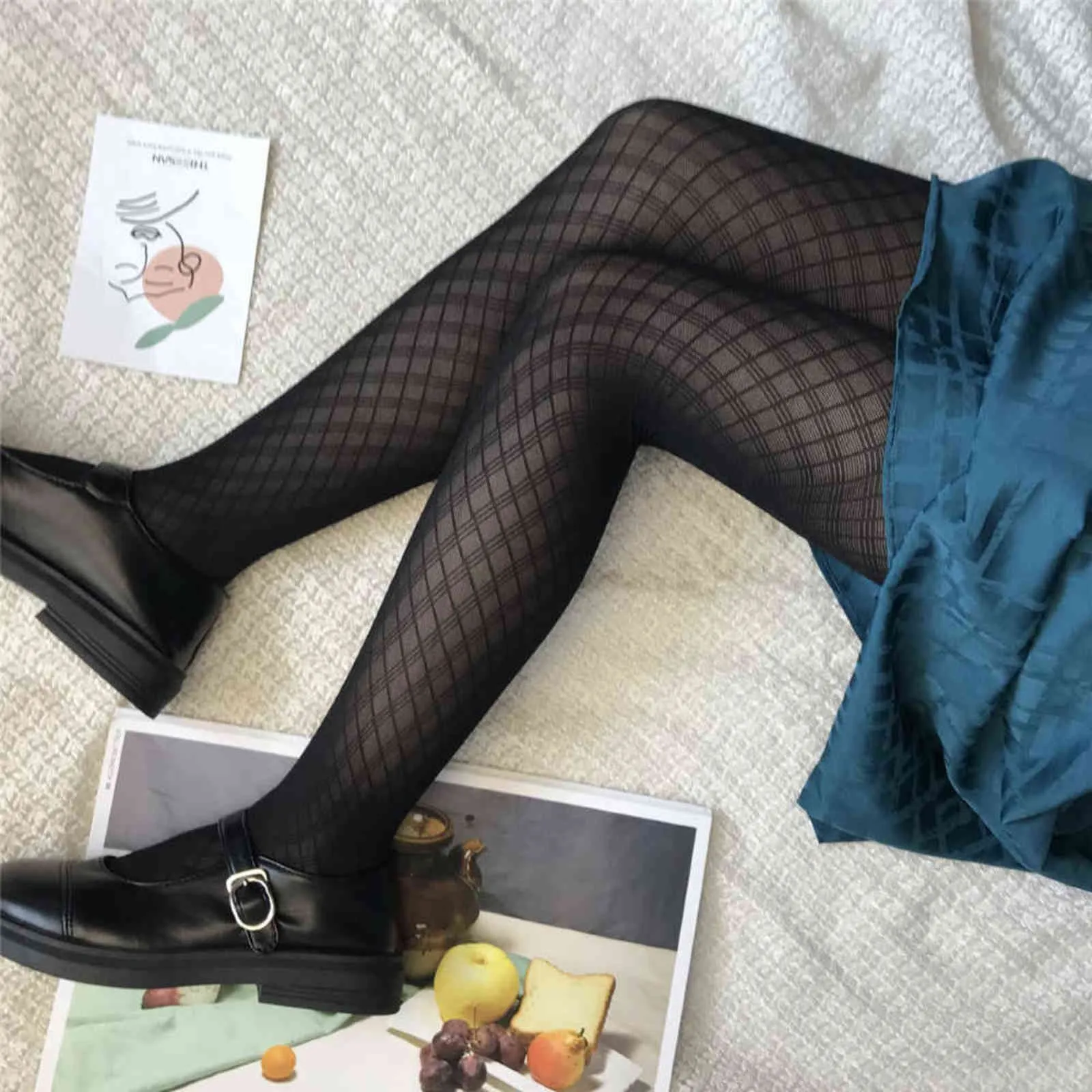 Sexiga kvinnor tights plaid svart strumpor mode tunn pantyhose kvinnlig elastisk collant nylon silke strumpor klänning y1130