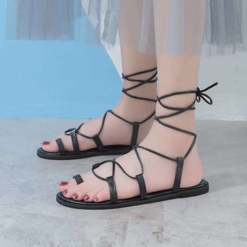 2021 Casual Kvinnors Sandaler Mode Enkel Solid Färg All-Match Cross Vamp Trend Outer Wear Set Toe Women's Sandals Y0608