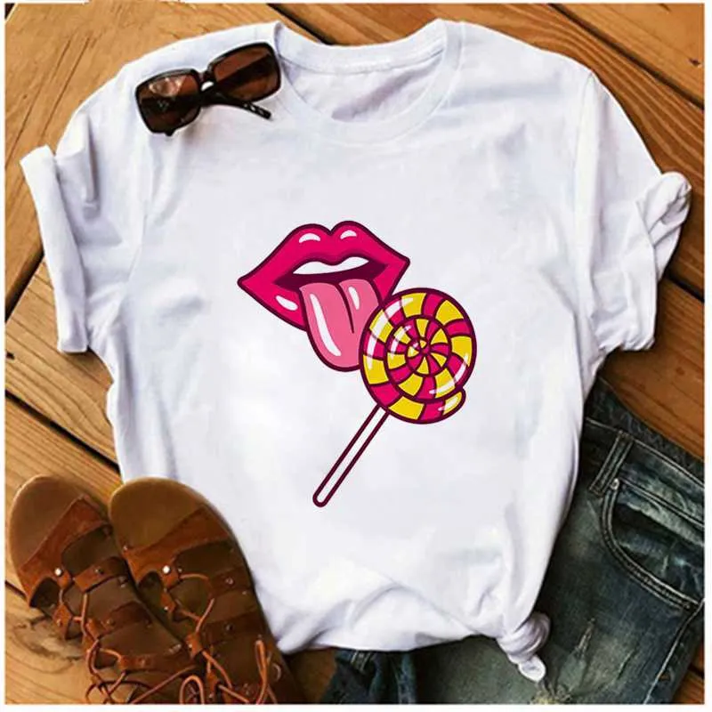 AOWOF Sexy Red Lips Cherry Fruit T-shirt Woman Seductive Lipstick T-shirt Fashion Clothing Harajuku Top Korean Style Female X0527