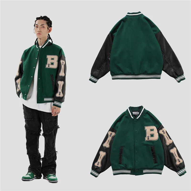 Hip Hop Streetwear Baseball Jacket Coat Brev B Bone Broderi Standup Krage Japansk Streetwear Bomber College Jacka 210818