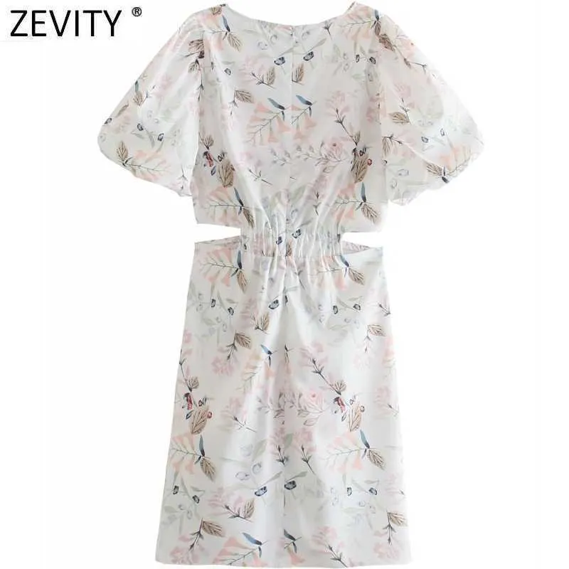 Zevity Femmes Sweet Floral Imprimer Taille Plis De Taille Casual Slim Slim A Robe de ligne Femme O Cou Cou Zipper Chic Vestidos DS8303 210603
