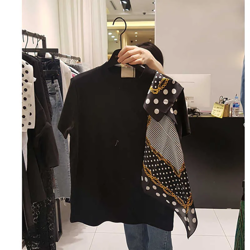 Spring Summer Fashion Polka Dot Scarf Patchwork O Neck Short Sleeve T-shirt Women's Loose Tops 210615