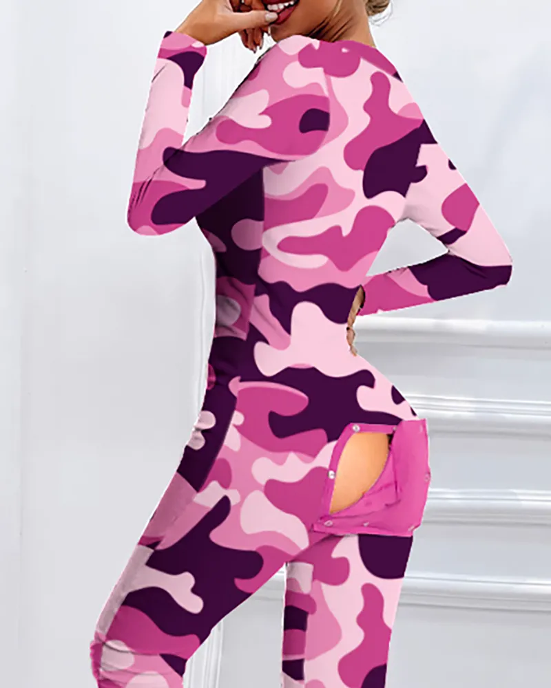 Nouveau Style femmes fonctionnel boutonné rabat Camouflage imprimé adultes pyjamas costume Homewear Femme détachable combinaisons 210415