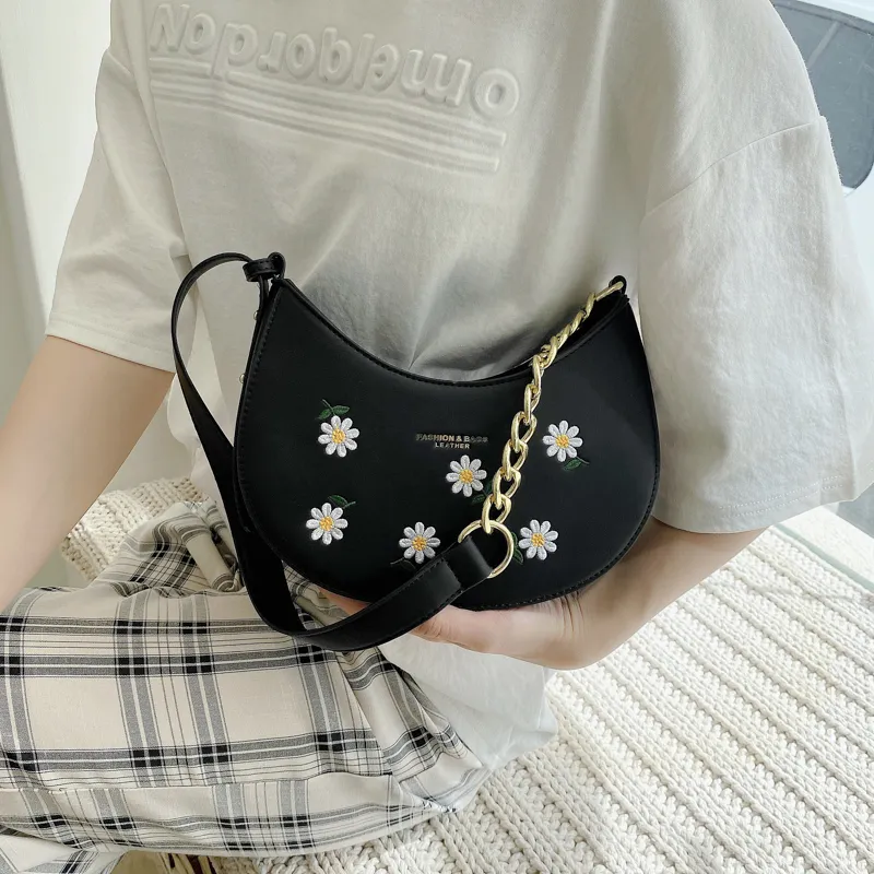 Embroidery Floral Shoulder Bag Moon Chain Women Summer Beach Handbag Branded Designer PU Leather