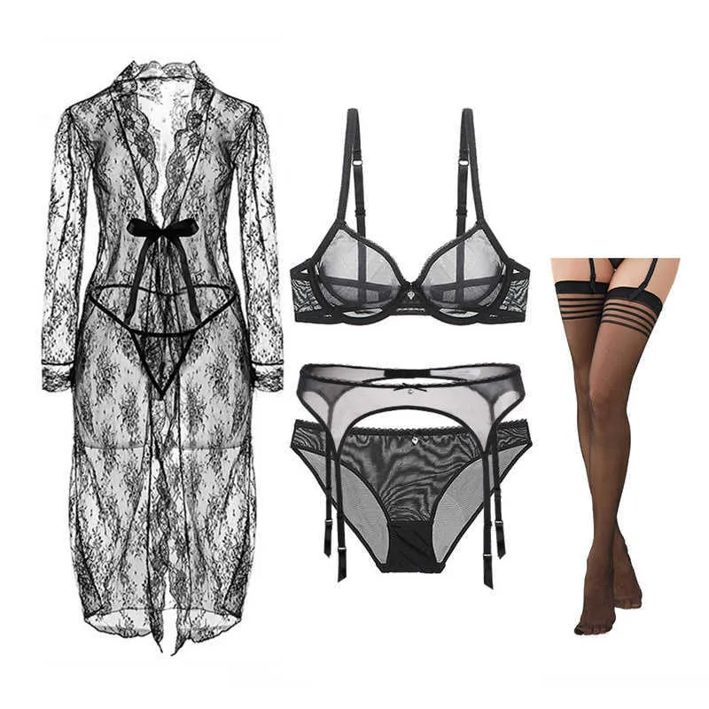 Andra trosor varsbaby sexig transparent garn andningsbar bra set robe+bra+trosor+strumpor+strumpor+thong 6 st l2404