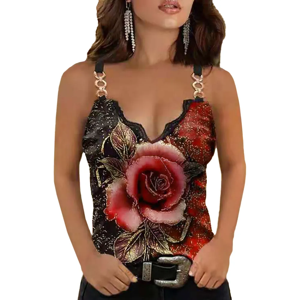 Strap Chain Ladies Vest Summer Floral Rose Printed Sleeveless Women Crop Blouse Black Red Female Tank Top D30