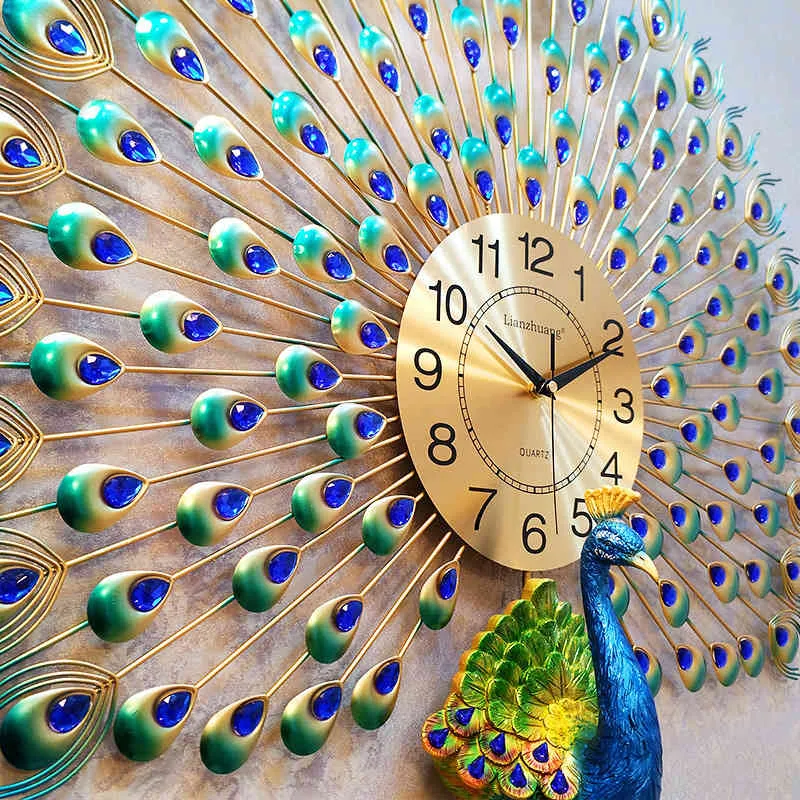 ビッグクリスタル孔雀の時計ホーム装飾時計モダンなデザインの壁見ている結婚式の装飾210414