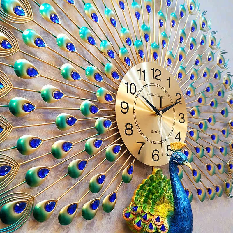 Big crystal Peacock clocks home decor clock modern design wall watches wedding decoration 210414