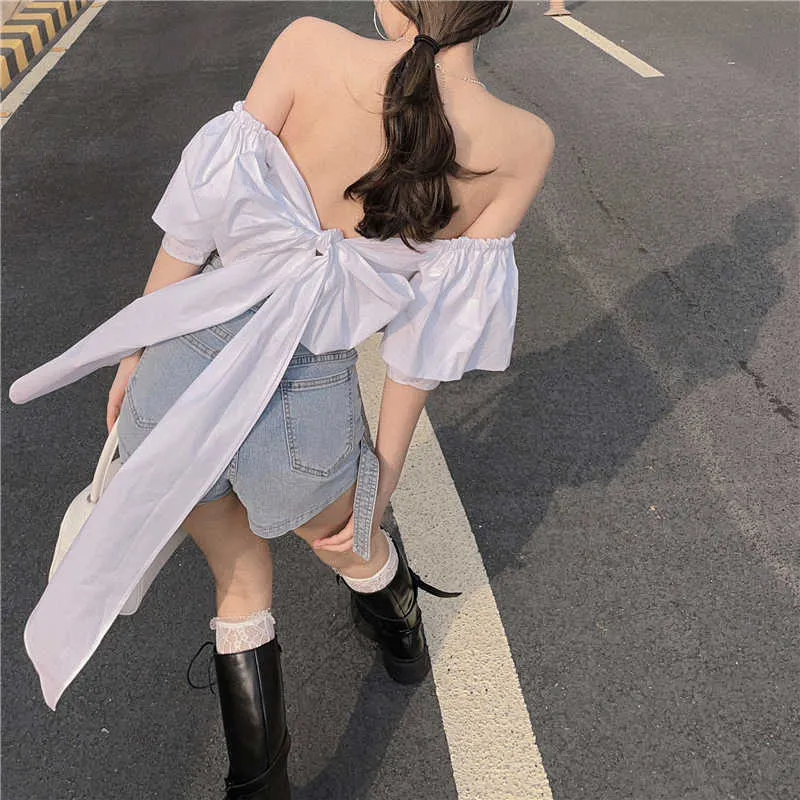 Large Bow Back Design Blouse Short Trim with Short-sleeved Shirt Summer Korean Version of The White Top 210529