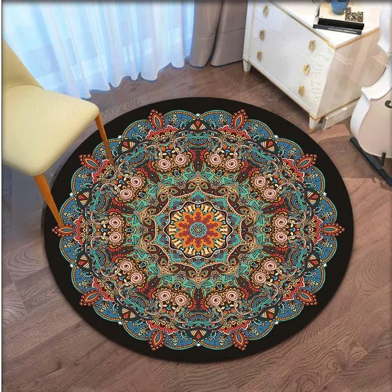 Tapetes retro mandala tapete redondo para sala de estar nórdico crianças tapete anti deslizamento computador cadeira quarto tapete casa decor248k