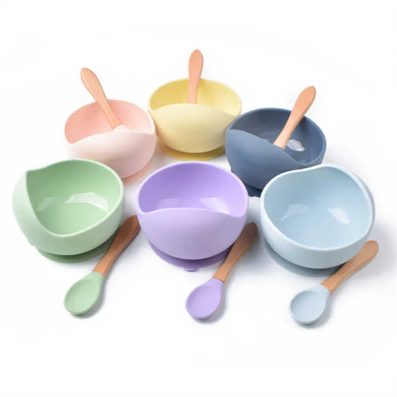 Baby Silicone Chinking Bowl Набор посуда BPA Бесплатная детская ручка ложка продовольственный сорт не Silp всасывание детская посуда 211026