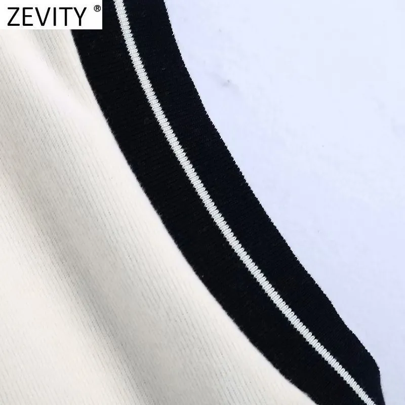 Moda donna Nero Bianco Colore Patchwork a coste Trim Gilet ampio Maglione Lady Scollo a V Senza maniche Gilet Chic Top SW696 210416