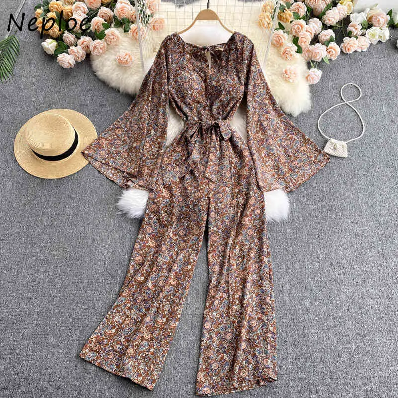 Nelloe Printing Print Bohemian Jumpsuits Женщины Высокая талия Бедные Усиливает Широкие Ноги Боди V VELE FLARE FLARE FLAIR FLAYSUTS LEAT 210510