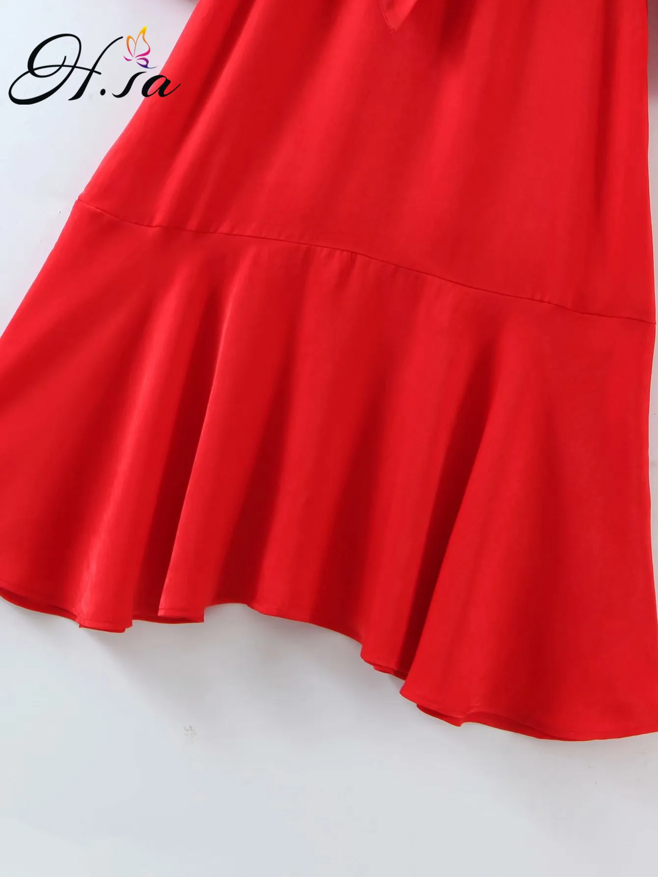 H.SA Kadınlar Uzun Kollu Elbise Seksi Düşük V Boyun Kırmızı Yay Bağlı Bel Pileli Vestidos Kadın Chic Zarif Elbiseler 210417