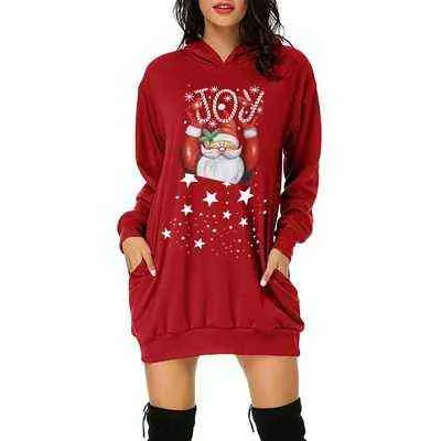 Julklänning Kvinnor Casual Långärmad tryckta tröjor Klänning Plus Storlek Sexig Evening Pullover Hooded Party Kvinna Klänningar Y1118
