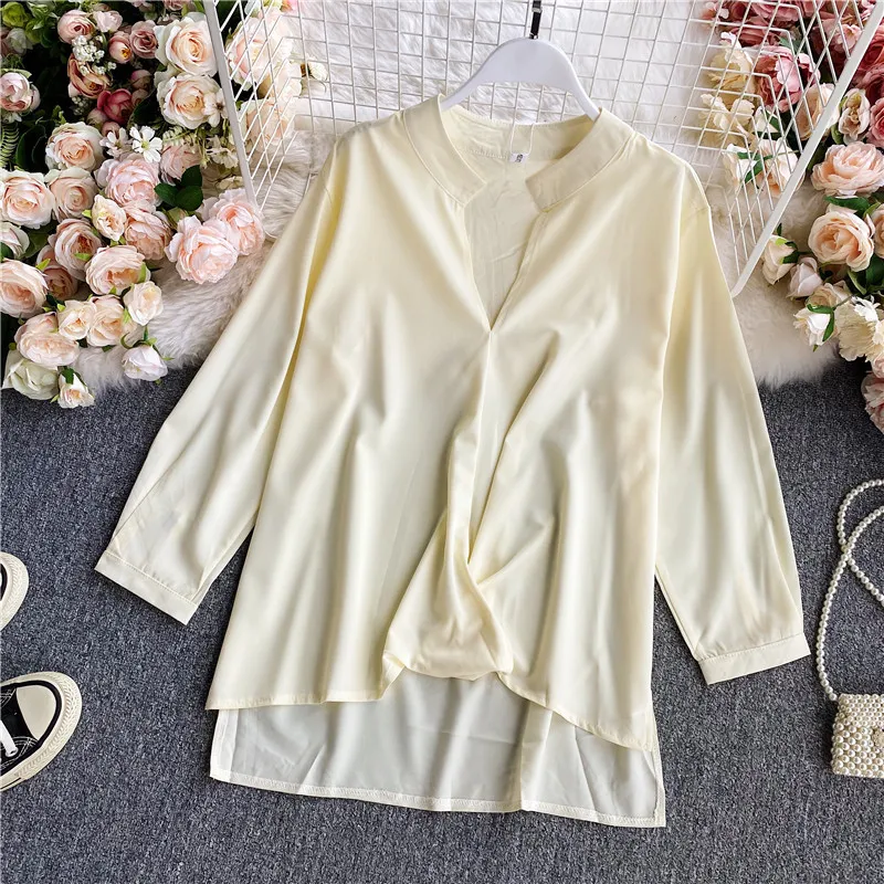 Wit shirt vrouwen lente en herfst koreaanse stijl mode westelijke losse temperament stand-up kraag top HK071 210506