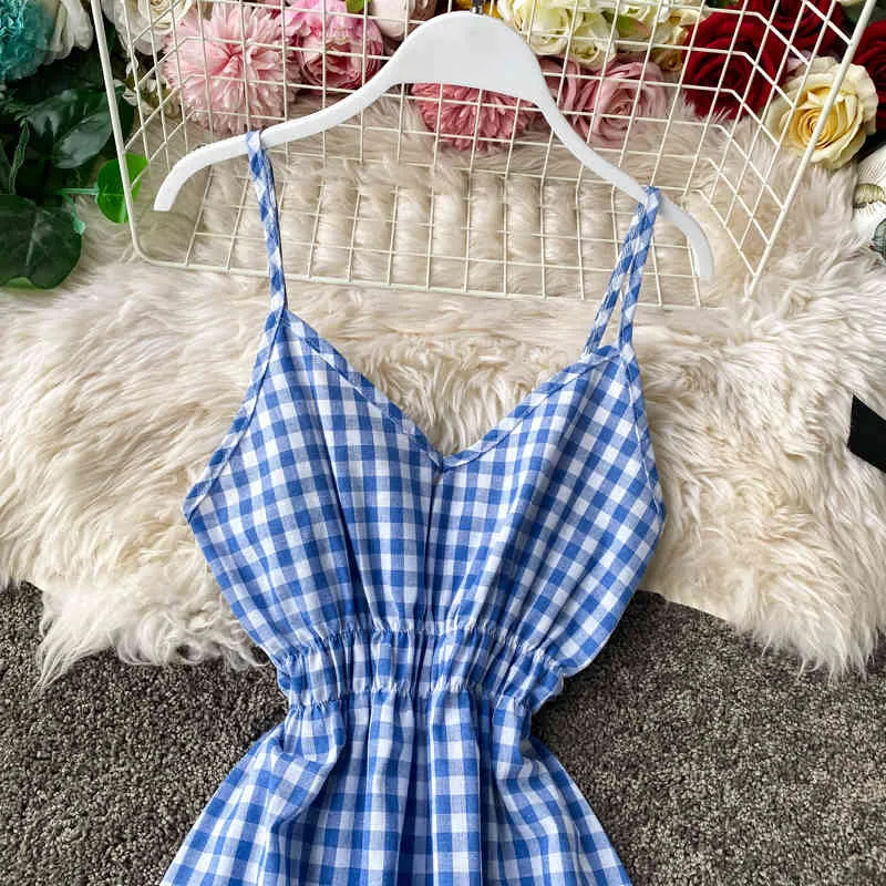 Korobov Summer Beach Style Boho Robe Coréenne Col V Spaghetti Strap Robes Vintage Plaid Élastiques Taille Haute Robes 210430