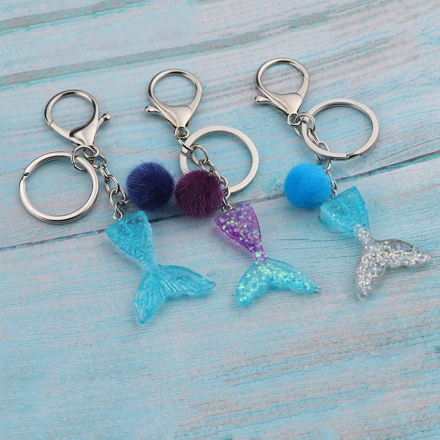 Jaymaxi Mermaid Hairball Key chains Imitation Enamel Ball Resin Gradient Fishtail Keychain Jewelry Wholes 