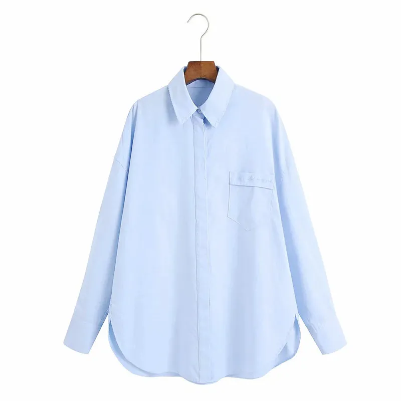 Blue Długie Kobiet Koszulki Przycisk Up Collared Rękaw Oversize Shirt Kobieta Kieszonkowy Asymetryczny Hem Kobiece Koszula 210519