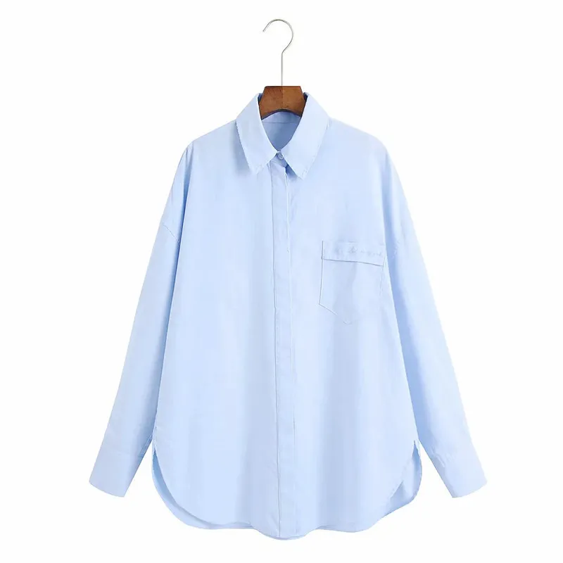 Camicie da donna lunghe blu Camicia oversize con maniche abbottonate Camicia da donna con orlo asimmetrico tascabile 210519