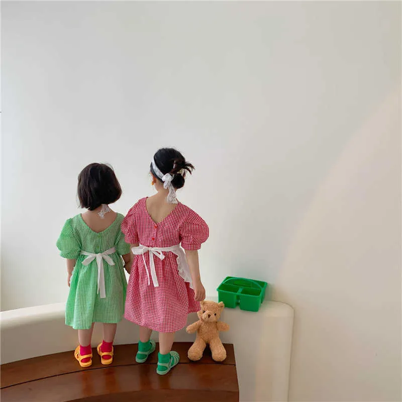 Koreanischen Stil süße Baby Mädchen Plaid Kurzarm Kleid Kinder Baumwolle Freizeitkleider mit Schürze 210615