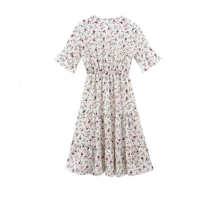 Kimutomo Style français robe florale femmes doux rétro été col en v à manches courtes taille mince en mousseline de soie Vestidos élégant 210521