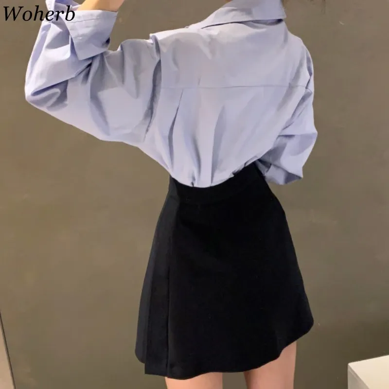 Свободная белая рубашка топы тонкий плиссированный мини юбка офис леди костюм корейский Femme Roupas элегантный 2 шт набор ROPA Mujer 210519