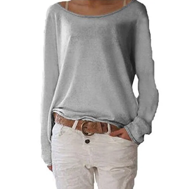 Kvinnor T-shirt Basic Long Sleeve Solid Top Loose Places Cotton Baggy Round Neck Färg Casual Enkel Kläder 210522