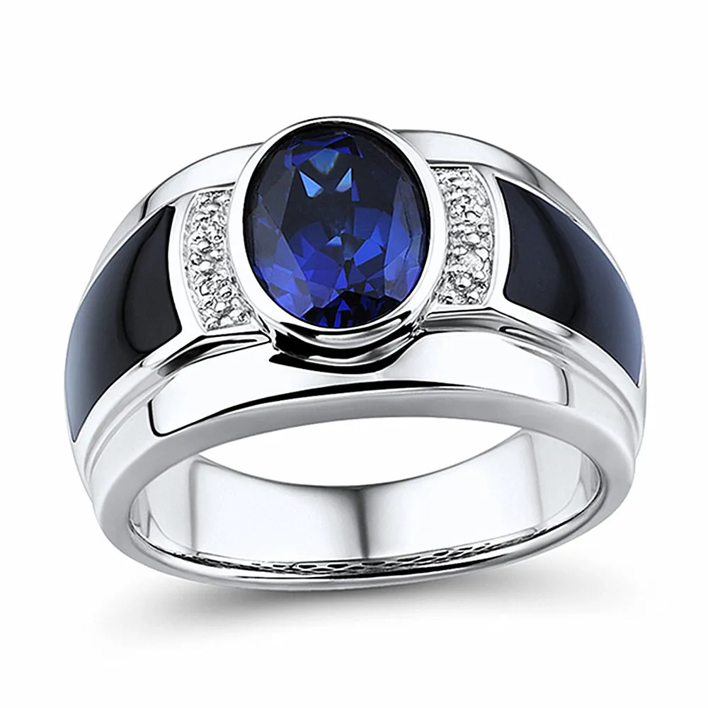 Mode Sapphire edelstenen Blauw Crystal Black Agate Zirkoon Diamanten Ringen voor Mannen Wit Goud Zilver Kleur Sieraden Party Bague