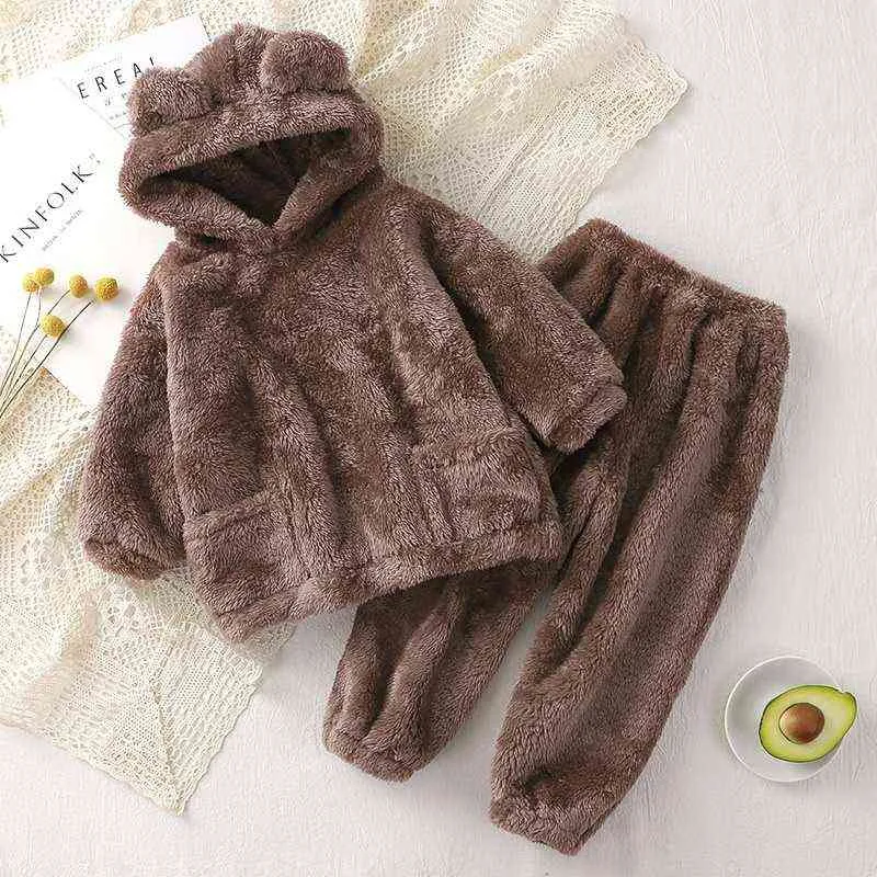 Baby Boy Girl Clothes Pajamas Set Flannel Fleece Infant Toddler Child Warm Hooded Sleepwear Home Suit Winter Spring Autumn 1-5Y 211105