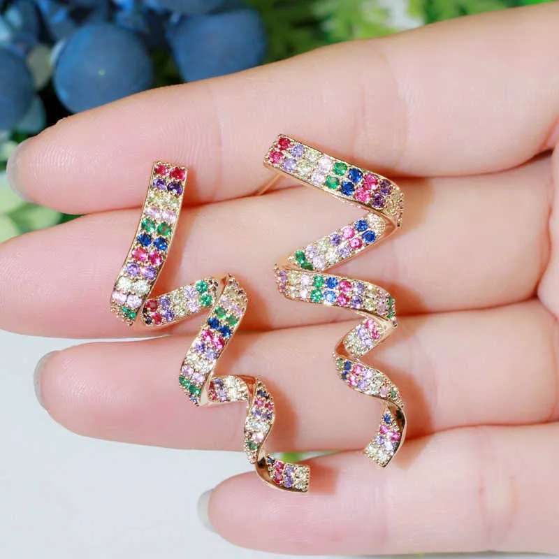 Vivid Cute Twisted Ribbon Shape Multicolor Cubic Zirconia Long Unique Earrings Trendy Boho Jewelry for Women CZ779 210714
