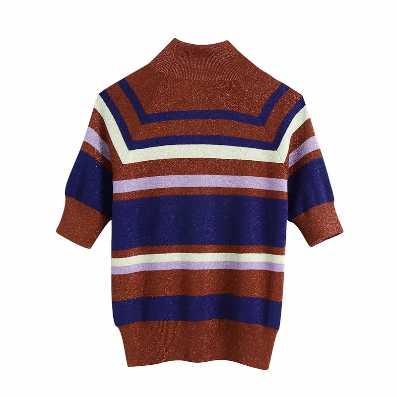 Suéter de cuello alto de punto a rayas rojas Suéteres de manga corta de otoño para mujer Suéter de costilla de hilo metálico para mujer 210519
