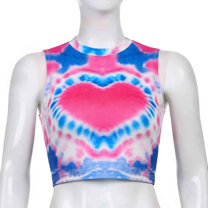 Tie Dye Serce Drukuj Y2K Crop Tank Tops Kamizelka Dla Kobiet Bez Rękawów Backless Moda Hit Summer Slim Strefics Skinny Female 210510