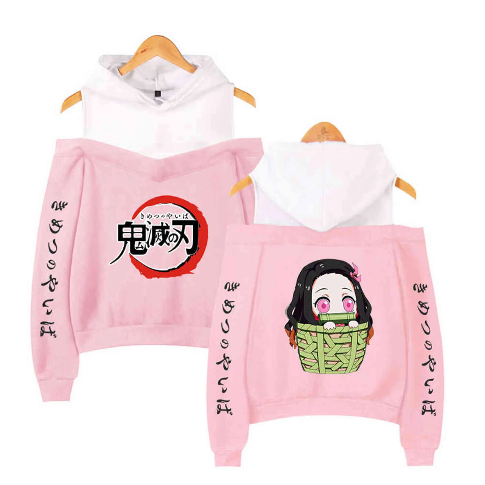 Creative Anime Demon Slayer Kimetsu No Yaiba Hoodie Girls Women Off Shoulder Sweatshirts Nezuko Kamado Women's Costumes Clothes G1122