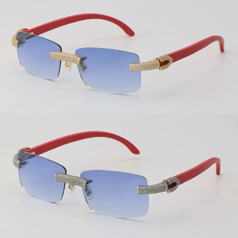 Nuevas gafas de sol de madera sin montura con diamantes micropavimentadas Gafas de madera rojas originales para hombre y mujer Oro de 18 quilates C Decoración Rocas de lujo Fra234w