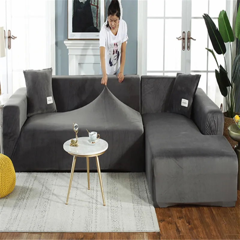 Capa de sofá em forma de L de pelúcia de veludo para sala de estar, móveis elásticos, chaise longue, apoio de braço de canto, sofá, almofada246Y
