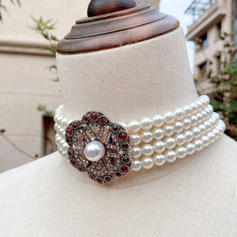 Collier ras du cou ethnique de luxe pour mariée, couleur or Antique, multicouches de perles, grande fleur en cristal, bijoux marocains 244N
